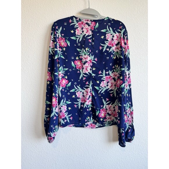 Prospect Women's Blue Pink Floral Blouse Henley V Neck Balloon Sleeve Sheer L - Picture 2 of 11